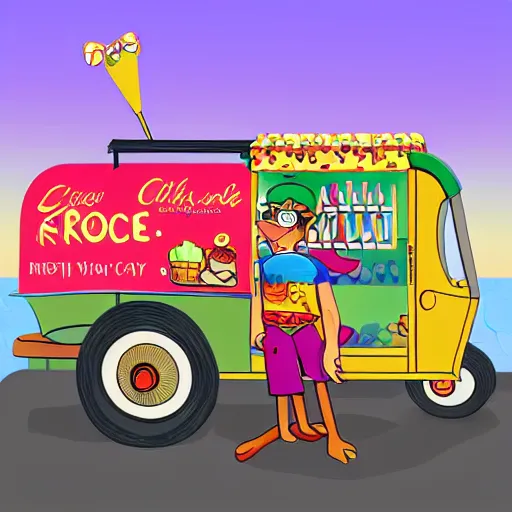 Prompt: crocodile man driving an ice cream cart, fantasy, digital art