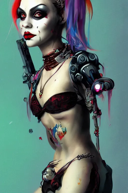 Image similar to portrait of young cute beautiful gothic Harley Quinn, cyberpunk, Warhammer, highly detailed, artstation, illustration, art by Gustav Klimt and Ilya Kuvshinov