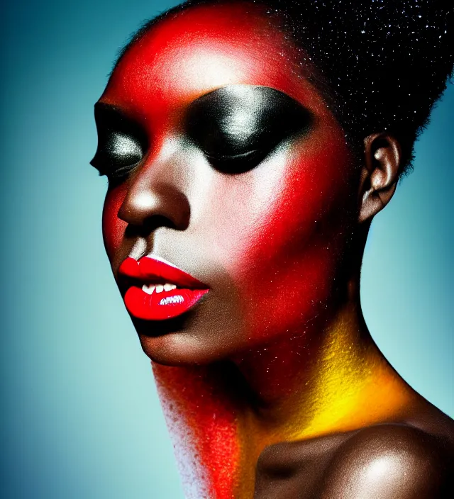 Prompt: photography face portrait of one beautifull black woman, stylish hair, with red lips and colorfull makeup in rainforest, wearing one organic futurist cape designed by iris van herpen,, photography by paolo roversi nick knight, helmut newton, avedon, and araki, sky forest background, natural pose, highly detailed, skin grain detail