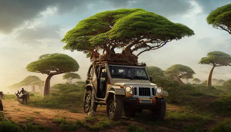 Image similar to mahindra thar driving through madagascar with baobabs trees, tribe members chasing for an attach, action scene, an epic fantasy, artgerm and greg rutkowski and alphonse mucha, an epic fantasy, volumetric light, detailed, establishing shot, an epic fantasy, cinematic, photorealistic, trending on art station, octane render, midsommar