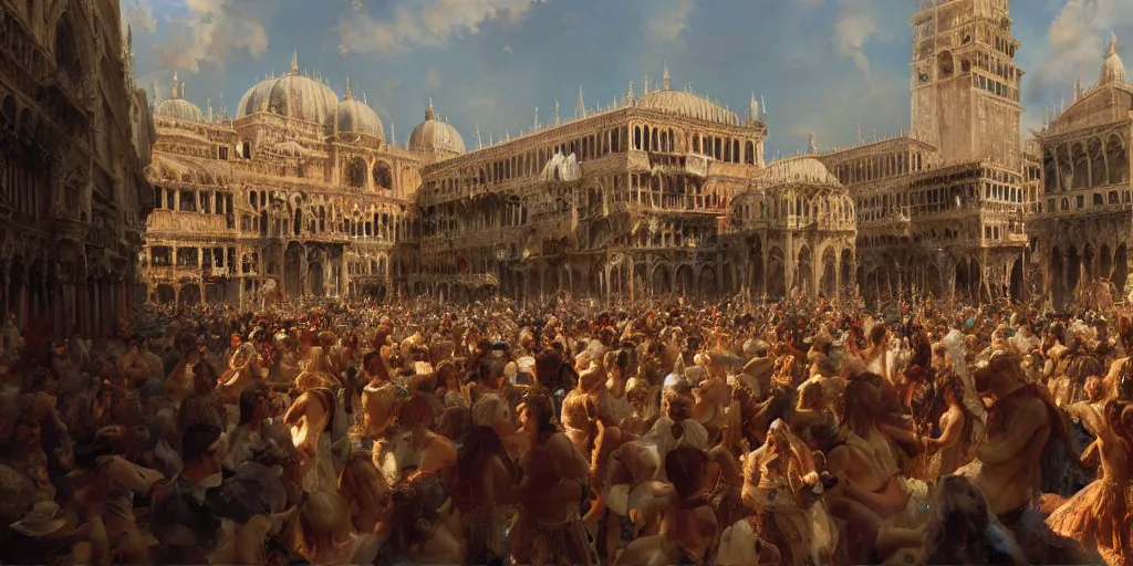 Prompt: Renaissance Venice in summer, fantasy, festivities, dancing people in the crowd, Matte Painting, evening, Craig Mullins