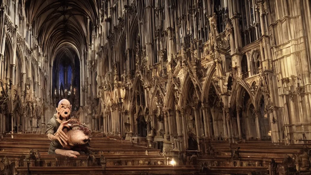 Prompt: A practical effects puppet of a cute by scary Monster with scaly skin and crazy hair by Rick Baker, inside a gothic cathedral. A film screenshot from a horror movie Denis Villeneuve and Christopher Nolan.