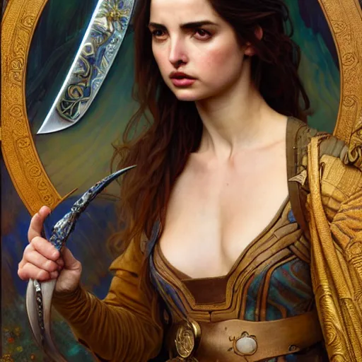 Image similar to ana de armas with sword and potions drawn by Donato Giancola and Tom Bagshaw, face by Artgerm, overall design by Alphonse Mucha, background by James Jean and Gustav Klimt, light by Julie Bell, 4k, porcelain skin, komorebi, french nouveau, trending on artstation, octane render, hyperrealistic