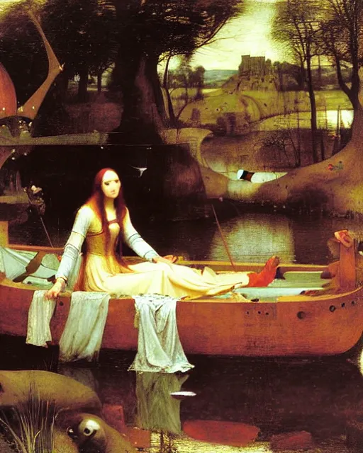 Image similar to The Lady Of Shalott by John William Waterhouse painting by Hieronymus Bosch