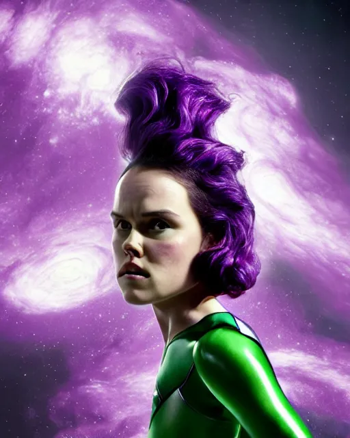 Image similar to photos of beautiful purple skinned actress Daisy Ridley as the Green Lantern soranik natu as she soars thru outer space, purple skin, purple skin colored Daisy Ridley, photogenic, purple skin, short black pixie like hair, particle effects, photography, studio lighting, photographed in the style of Annie Leibovitz