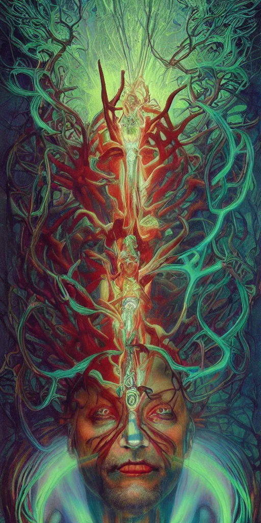 Image similar to intense manic glowing pagan god with ram horns and veins and intense glowing eyes in very dark forest by karol bak and beksinski and alphonse mucha, portrait, fantasy, clear, light beams, lens flare, intense, uhd, red and teal and shining polished gold, amazing depth, cinematic lighting