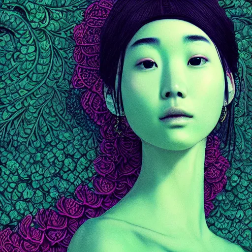 Prompt: the portrait of an unbelievably beautiful, elegant, and sophicated young japanese woman partially made of broccoli, an ultrafine detailed illustration by james jean, intricate linework, bright colors, final fantasy, behance contest winner, vanitas, angular, altermodern, unreal engine 5 highly rendered, global illumination, radiant light, detailed and intricate environment