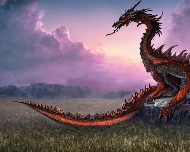 Image similar to Giant Dragon resting in an open field at sunset , natural light, dead plants and flowers, elegant, intricate, fantasy, atmospheric lighting, by Peter Morhbacher, HD, highly detailed, 8k