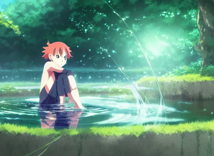 Image similar to portrait of hinata training in a pond at night, rule of thirds, illustration concept art anime key visual, trending pixiv fanbox by wlop and greg rutkowski and makoto shinkai and studio ghibli and kyoto animation