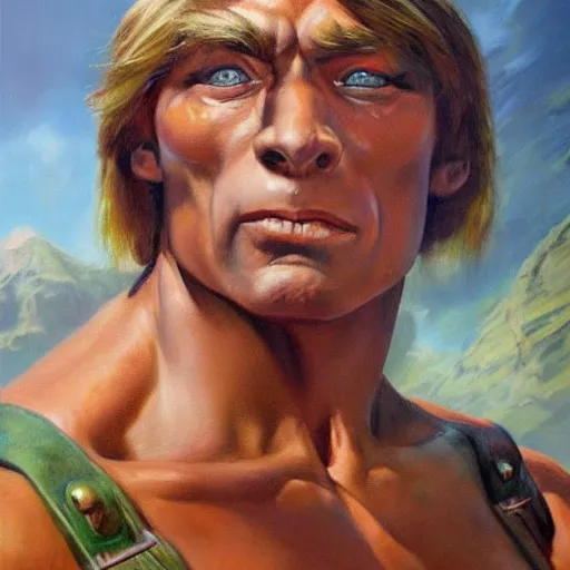 Image similar to ultra realistic portrait painting of he - man, frank frazetta, 4 k, ultra realistic, highly detailed, epic lighting