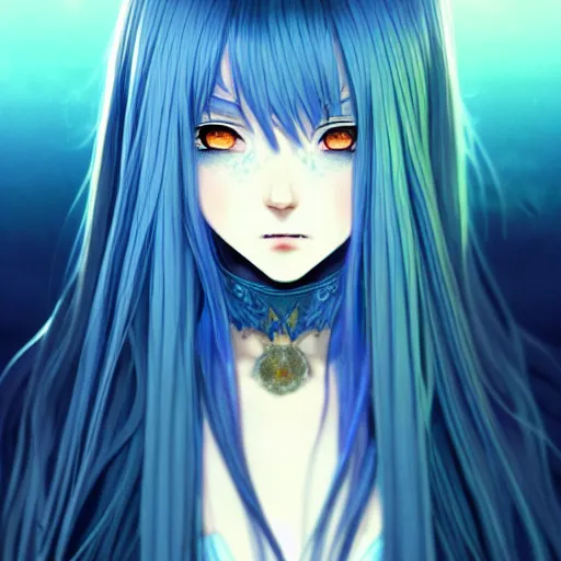 Image similar to attractive long blue - haired girl with bangs gothic anime character with / amber eye color gold / fantasy, screenshot, anime, sharp focus, intricate, illustration, cell shaded, digital painting, highly detailed, concept art, art by ilya kuvshinov and kyoto animation and wlop, and greg rutkowski, studio quality, james jean, artem demura