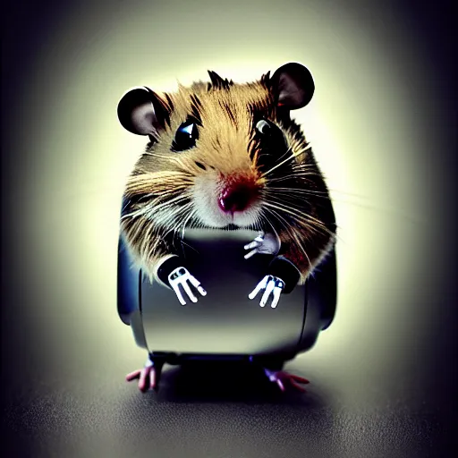 Image similar to uhd candid photo of a metal hamster cyborg android robot. photo by annie leibowitz