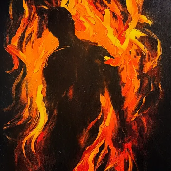 Image similar to abstract painting of man on fire. Handsome. Long hair. portrait. ArtStation. Impressionist. Silouette.