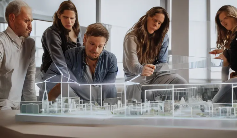 Image similar to group of people in simple white museum, looking at hologram of futuristic city on a table, cinematic concept art, godrays, golden hour, natural sunlight, 4 k, clear details, tabletop model buildings, center model buildings, hologram center, crane shot, crane shot, crane shot