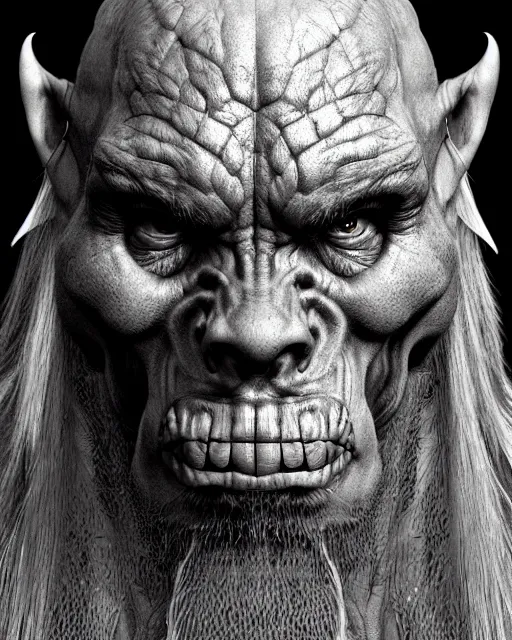 Image similar to orc, hyper realism, fine details, deviantart artstation, extremely detailed, black and white, very sharp, in the style of albrecht durer