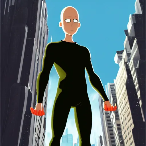 Image similar to very detailed full body concept character portrait illustration of saitama in new york city doing an action pose, action scene, digital illustration, concept art, matte painting, digital painting, illustration, amazing value control, 8 k, ultra detailed, in the style of sony pictures animation, minimal artifacts, rubber suit, graphic style