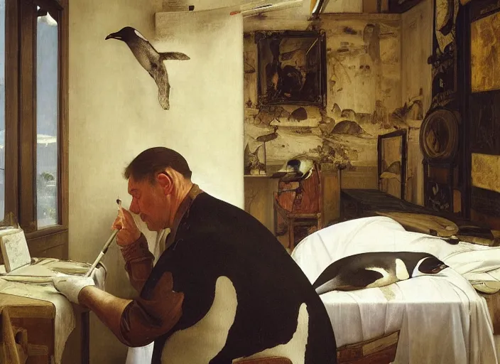 Prompt: an exhausted painter in his studio painting a picture of a penguin, by edgar maxence and caravaggio and michael whelan and delacroix style, artistic, intricate drawing, cinematic lighting, hyper realistic, extremely detailed, establishing shot, 8 k resolution, dramatic lighting