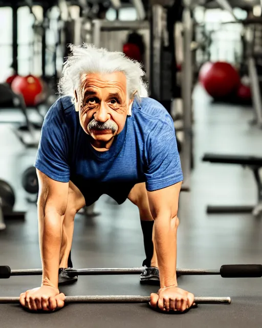 Image similar to a portrait of albert einstein working at the gym doing planks, highly detailed, trending on artstation, bokeh, 9 0 mm, f / 1. 4