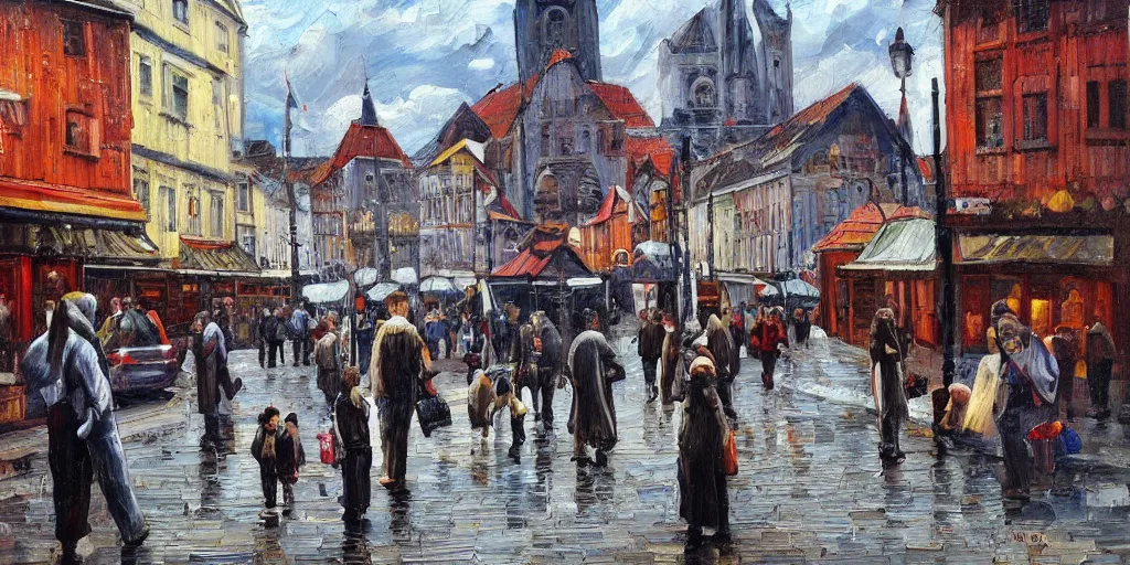 Prompt: Highly detailed oil painting of street life in stavanger by noon, strong atmosphere, oil painting masterpiece by Josep Tapiró Baró, symmetry, fractals