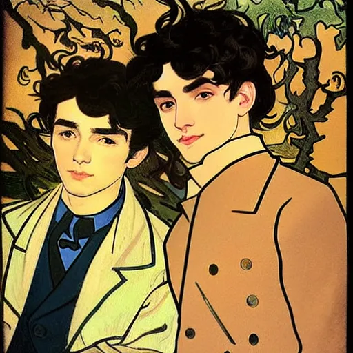 Image similar to painting of young cute handsome beautiful dark medium wavy hair man in his 2 0 s named shadow taehyung and cute handsome beautiful min - jun together at the halloween! party, bubbling cauldron!, candles!, smoke, autumn! colors, elegant, wearing suits!, clothes!, delicate facial features, art by alphonse mucha, vincent van gogh, egon schiele