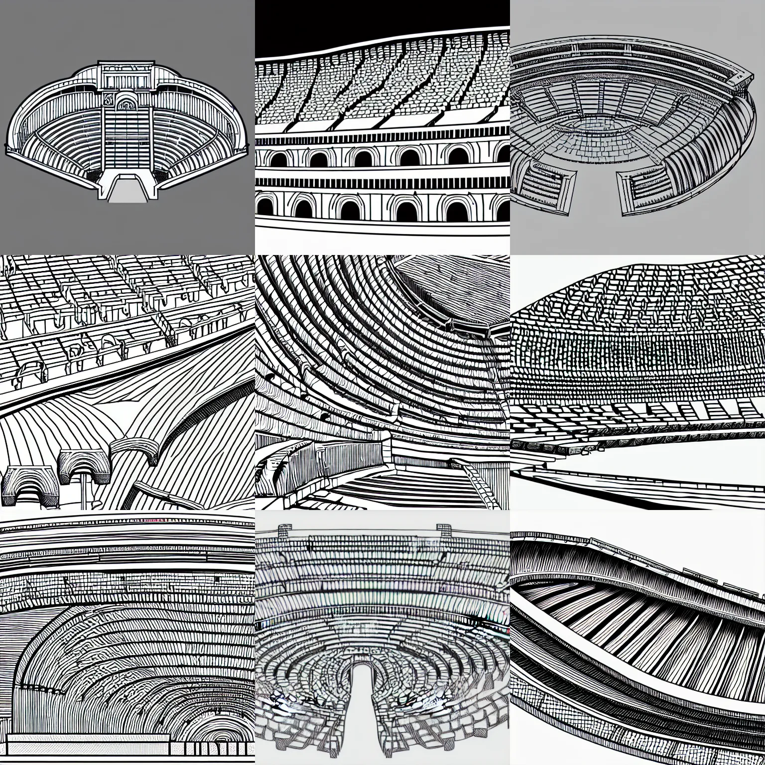 Prompt: detailed three quarter shot of a section of ancient amphitheater in shaded vector line - art style, white background