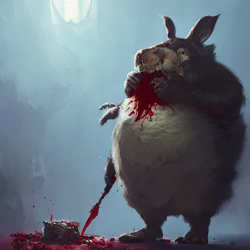 Prompt: a ravenous big chungus is devouring the world, with blood dropping from his mouth, Greg rutkowski, Trending artstation, cinematográfica, digital Art