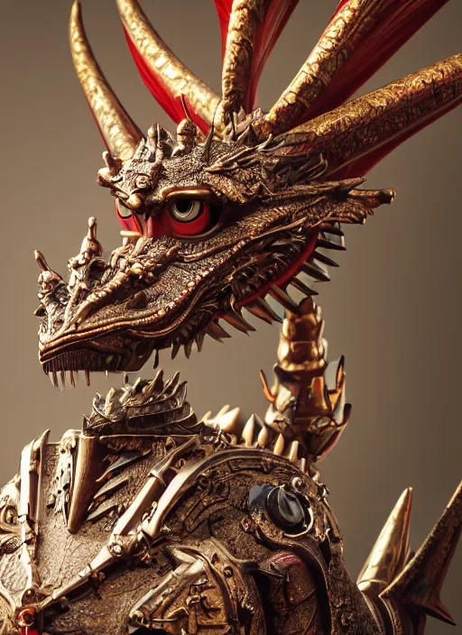 Image similar to closeup portrait of a tin toy mediedval dragon, depth of field, zeiss lens, detailed, symmetrical, centered, fashion photoshoot, by nicoletta ceccoli, mark ryden, lostfish, earl nore, hyung tae, frank frazetta, breathtaking, 8 k resolution, extremely detailed, beautiful, establishing shot, artistic, hyperrealistic, octane render