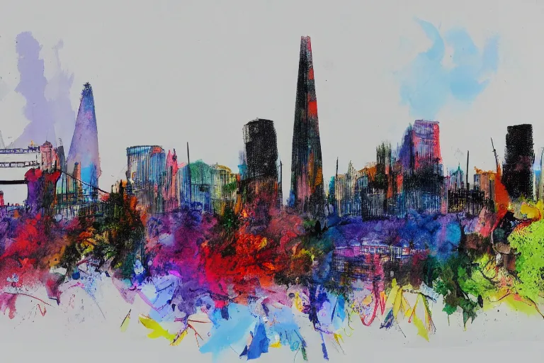 Image similar to color sketch of the london skyline, highly detailed, dramatic lighting, intense shadows, rich deep colours, by quentin blake