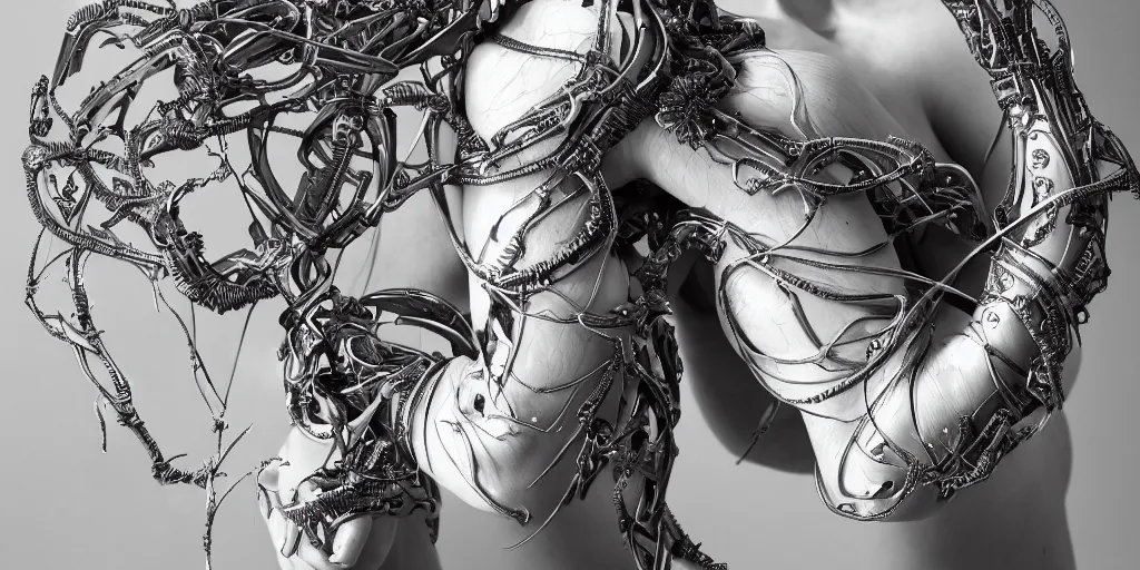 Image similar to hyper realistic photography of a stunningly beautiful cyborg female, elbow, plated arm, intimate, holding close, ribbons, in the style of beth cavener, jin kagetsu,, and wlop, highly detailed, intricate filigree, symmetry, masterpiece, award winning, sharp focus, concept art, highkey lighting, ambient lighting, octane render, 8 k, artstation