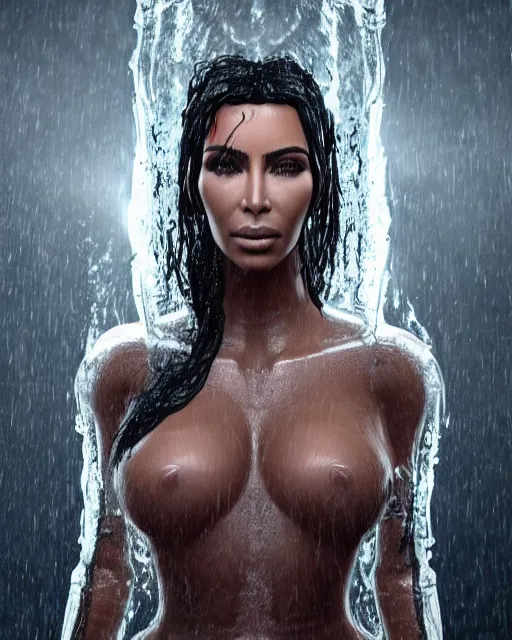 Image similar to epic still of kim kardashian trapped in a transparent alien liquid, wet flowing hair, gooey skin, illustration, unreal engine 5, 8 k, made by h. r. giger.