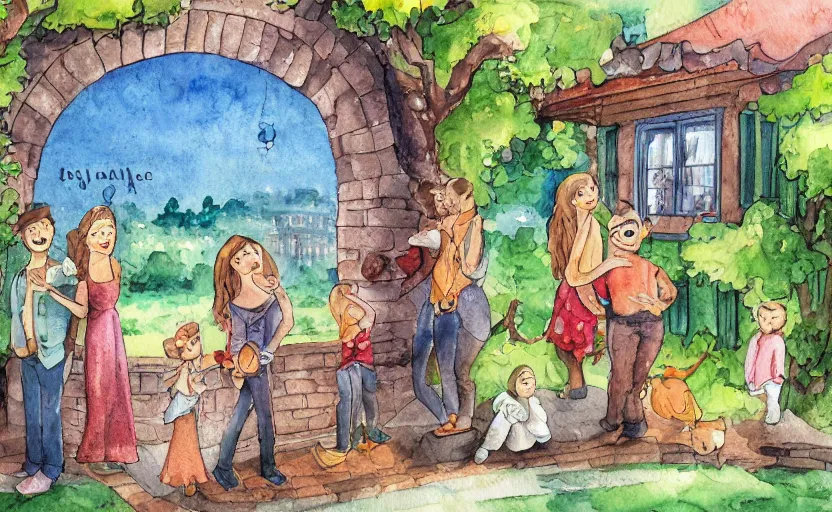 Image similar to storybook illustration of a wall with family pictures, watercolor