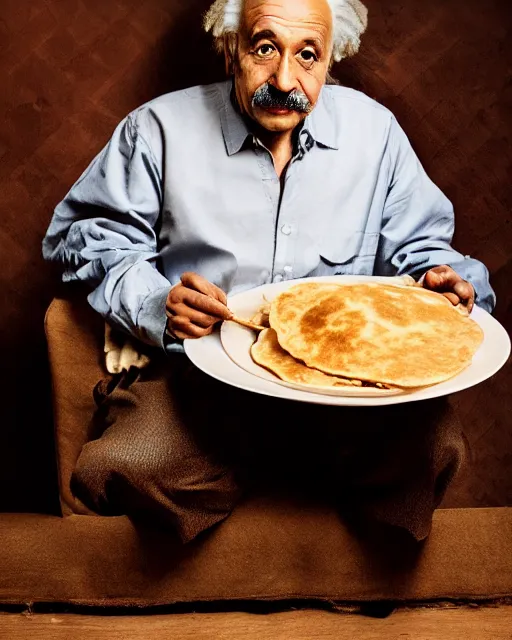 Image similar to a portrait of albert einstein sitting at the dining table with a plate containing chole bhature in front of him, highly detailed, trending on artstation, bokeh, 9 0 mm, f / 1. 4