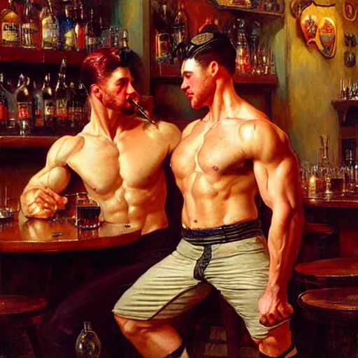 Image similar to attractive muscular male with red hair and muscular attractive male with black hair, drinking their hearts out, in a pub. very defined and highly detailed painting by j. c. leyendecker, gaston bussiere, craig mullins 8 k