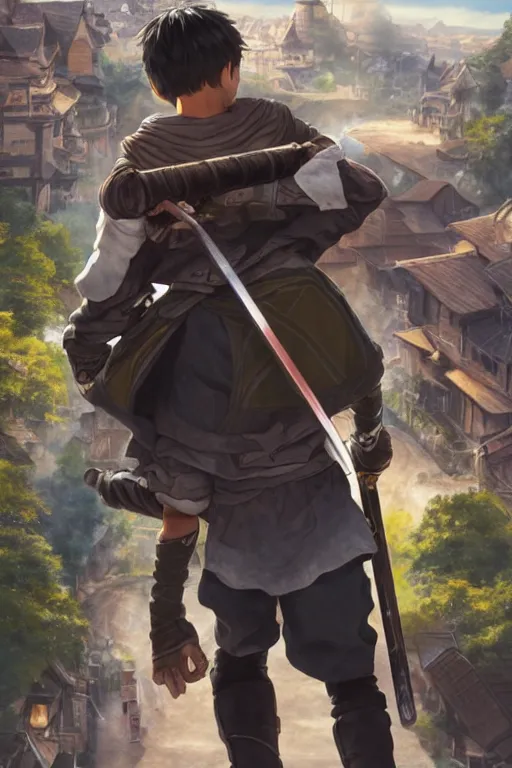 Image similar to ultra detailed keyart of sci - fy movie, a boy carrying a sword in his back is riding a simple bycycle in the main street of isekai shinjuku