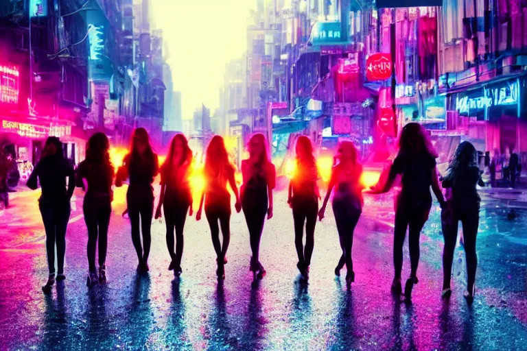 Image similar to a cinematic photograph of a group of angels walk through a dystopian city street whilst neon lightening strikes on the pavement, rain falls, ultra realistic, high definition