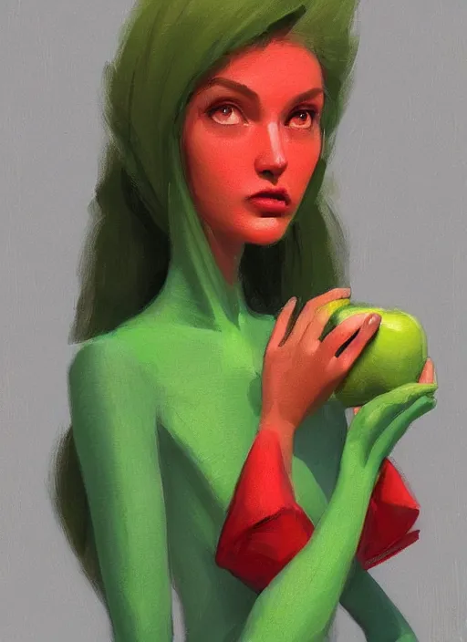 Image similar to a digital painting of a beautiful anthropomorphic humanoid female green apple wearing a red dress, by netter, style from greg rutkowski, beautiful eyes, full frame, oil painting, featured on artstation, concept art, smooth, sharp focus, illustration, very detailed, ambient lighting, unreal engine render, concept art by Atey Ghailan, by Loish, by Bryan Lee O'Malley