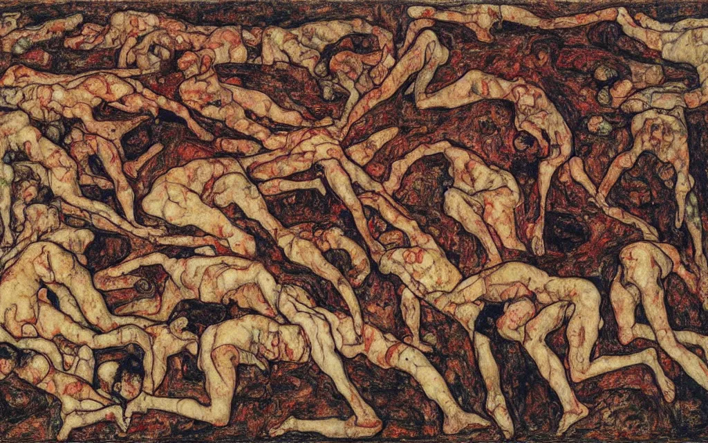 Image similar to a painting of a pile of bodies by egon schiele with influence of zdzisław beksinski, alfred kubin, oskar kokoschka, and egon schiele