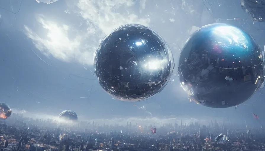 Image similar to giant metallic sphere falling to the sky and destroying city, hyperdetailed, artstation, cgsociety, 8 k