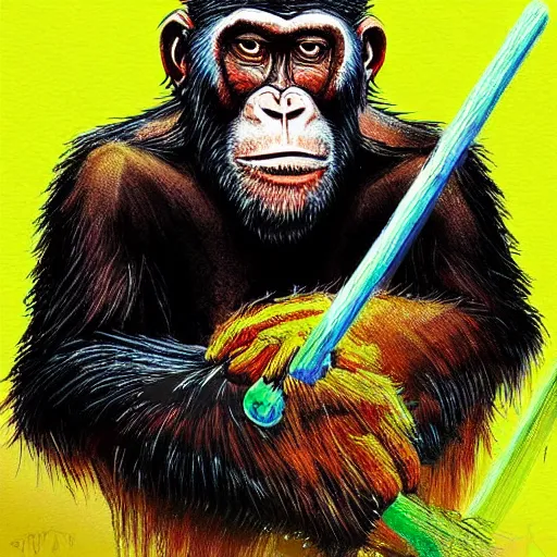 Image similar to elderly grandpa ape with a cane, colorful, digital art, fantasy, magic, trending on artstation, ultra detailed, professional illustration by basil gogos