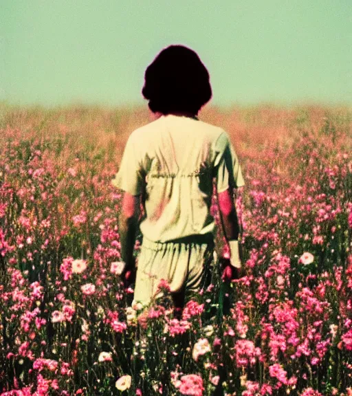 Image similar to mystical death god standing in tall meadow of flowers, distant, vintage film photo, grainy, high detail, high resolution