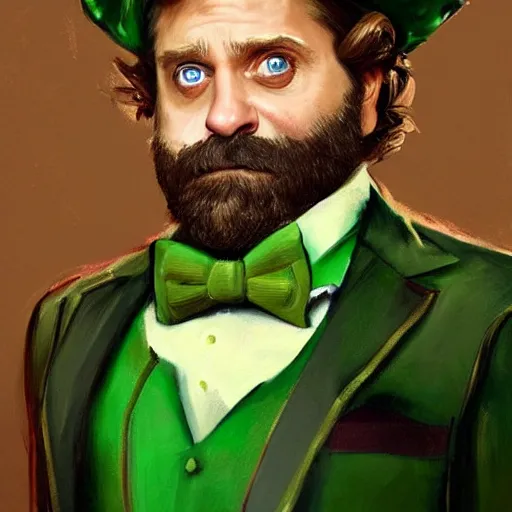 Prompt: hyper realistic portrait painting, beautifully rendered, zach galifianakis as dapper fancy luigi wearing a green top hat, green suit and bowtie, smirking deviously, painted by greg rutkowski, wlop, artgerm, dishonored 2