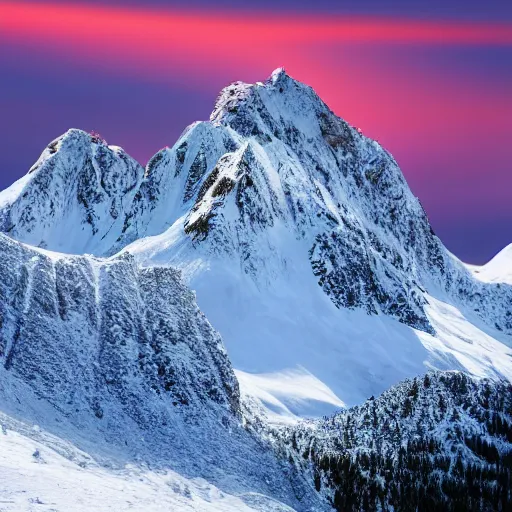 Image similar to tall snowy mountain range, realistic, detailed, award winning photo, sunset, 8 k