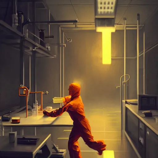 Image similar to a man in an orange jumpsuit running through a laboratory,digital art,art by greg rutkowski,ross tran,artstation,deviantart,photorealistic,hyperdetailed,detailed face,dramatic,cinematic,high quality,studio photograph