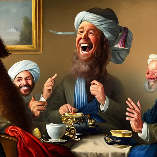 Image similar to a painting of joe biden laugh in tea party with taliban, ultra detailed face, body and gesture, justify content center, hyper realistic content, frontal hyperdetailed realistic content, sharp focus, intricate, dynamic composition, 2 colors, baroque, delete duplicate content