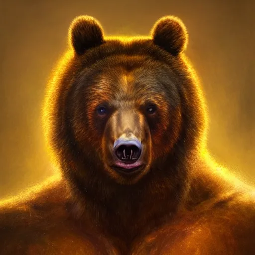 Image similar to realistic bear beast-man portrait, atmospheric lighting, painted, intricate, volumetric lighting, beautiful, rich deep colors masterpiece, golden hour, sharp focus, ultra detailed, by Leesha Hannigan, Ross Tran, Thierry Doizon, Kai Carpenter, Ignacio Fernández Ríos