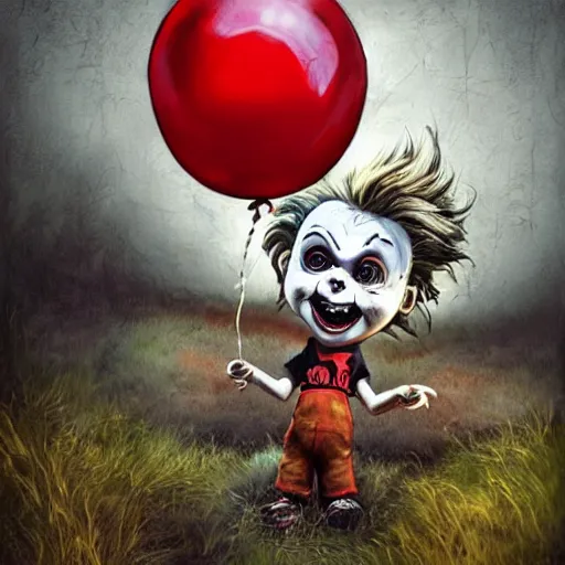 Prompt: grunge cartoon landscape sketch of chucky with a wide smile and a red balloon by - michal karcz, loony toons style, pennywise style, chucky style, horror theme, detailed, elegant, intricate