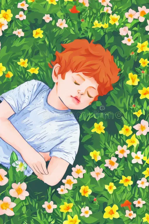 Image similar to a little boy with ginger hair curled up asleep in a lovely garden of flowers. clean elegant simple illustration, beautiful detailed face.