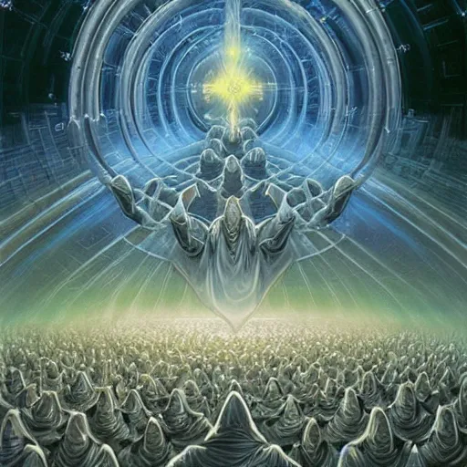 Image similar to a quantum computer, surrounded by a dark cabal of hooded elven mystics with long robes gathered in a circular formation, michael whelan art, dan seagrave art