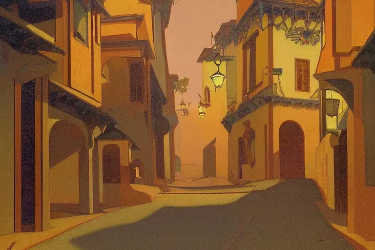 Prompt: winding street at midnight in a very old very beautiful city by George Price Boyce and Nicholas Roerich and Maxfield Parrish, glowing paper lanterns, strong dramatic cinematic lighting , ornate tiled architecture, lost civilizations, smooth, sharp focus, extremely detailed