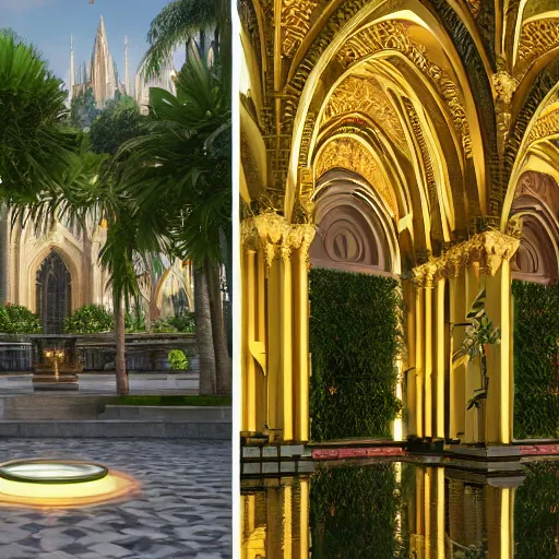 Image similar to cathedral interior with koi pond in the middle surrounded by palm trees, ivy, flowers, tropical plants, neon glow, gold lining, glossy gold statue, roses, and with archways. style leonardo + year 1 8 2 5, two men, rendered in octane render with photorealistic lighting